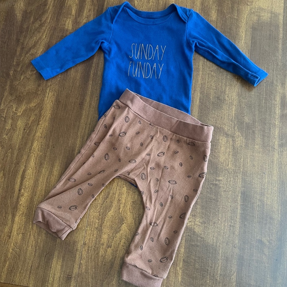 Rae Dunn Baby 'Sunday Funday' Onesie with Brown Pants 6-9 Months